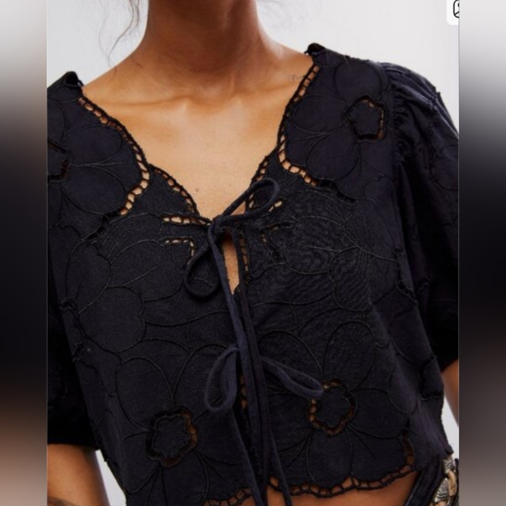 Free People June top, Black,Women's Black Eyelet Tie-Front Top NWT Small